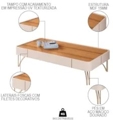 Mesa de Centro Para Sala Pés de Aço Cadenza Off/Cinamomo - HB Móveis