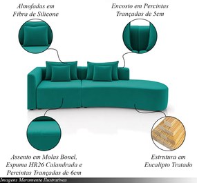 Sofá Curvo Decorativo Kimiko 327Cm 4 Lugares Sala de Estar com Chaise Veludo Azul Tiffany G52 - Gran Belo