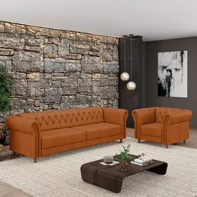 Conjunto Sala de Estar 1 Sofá Living 180cm e 1 Poltrona Stanford Chesterfield Pés Madeira Couro Terracota G58 - Gran Belo