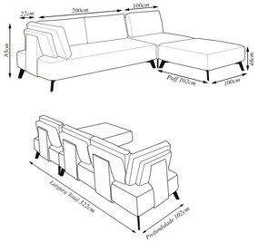 Sofá de Canto Modulado 322cm Sabrina Pés em Aço com Puff Bouclê Off White G52 - Gran Belo