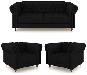 Conjunto Sala de Estar 1 Sofá Living 180cm e 2 Poltronas Stanford Chesterfield Pés Madeira Couro Preto G58 - Gran Belo