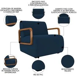 Poltrona Decorativa Orgânica para Sala Kit 2 Belarus K04 Veludo Azul -