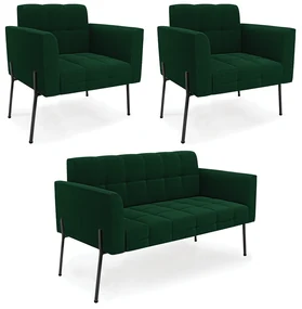 Namoradeira e 2 Poltronas PĂ© de Ferro Pto Elisa BouclĂŞ Verde D03 - D'Rossi