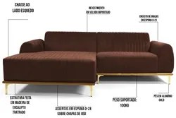 Sofá 230cm 4 Lugares com Chaise Esquerdo Pés Gold Molino C-276 Veludo