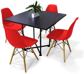 Kit 04 Cadeiras Eiffel Vermelho e 01 Mesa de Jantar 04 Lugares Jade 90 cm Preto Base Metálica Industrial Preto - D'Rossi