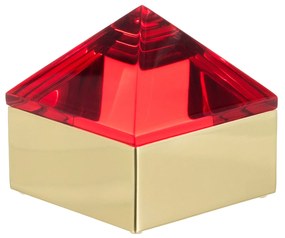 Caixa Decorativa Metal Dourado Tampa Pirâmide Resina Vermelho
