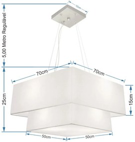 Lustre Pendente Duplo Quadrado Vivare Md-4083 Cúpula em Tecido 70x50cm - Bivolt