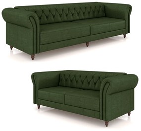 Conjunto de Sofá Sala de Estar Stanford Chesterfield 2 e 3 Lugares 200cm/240cm Pés Madeira Couro Verde Manchado G58 - Gran Belo