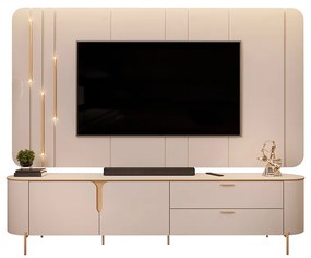 Painel com Bancada 241cm Avatar com Detalhes Dourados e LED para TV Até 75 Off White G18 - Gran Belo
