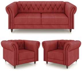 Conjunto Sala de Estar 1 Sofá Living 200cm e 2 Poltronas Stanford Chesterfield Pés Madeira Couro Vermelho G58 - Gran Belo