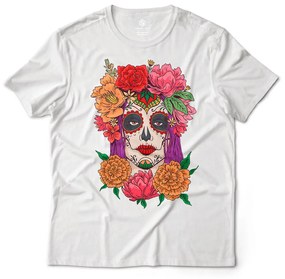 Camiseta Unissex Caveira Mexicana Mulher Dia de Los Muertos 2 - Branco - G