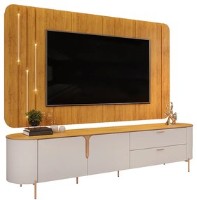 Painel com Bancada Celine Pés Metalicos em Dourado 241cm com LED Off White/Mel G18 - DJ Móveis