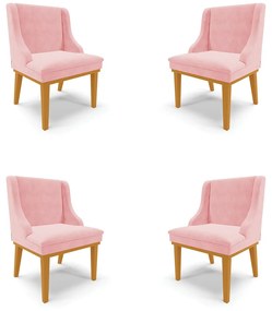 Kit 4 Cadeiras Decorativas Sala de Jantar Base Fixa de Madeira Firenze Suede Rosa Bebê/Castanho G19 - Gran Belo