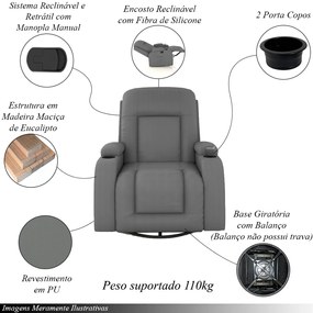 Poltrona do Papai Reclinável Giratória e Balanço Sala de Cinema Crihs Manual Glider PU Cinza G23 - Gran Belo