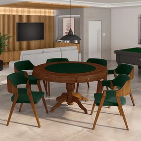 Conjunto Mesa de Jogos Carteado Bellagio Tampo Reversível e 6 Cadeiras Madeira Poker Base Estrela Veludo Verde/Imbuia G42 - Gran Belo