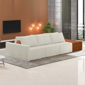 Sofá Ilha Modulado Milos 312cm Puff Lateral OffWhite Caramelo Manchado Bouclê/PU G33 - Gran Belo