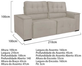 Sofá Cama Retrátil Sala Vicenza 210cm Linho