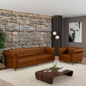 Conjunto Sala de Estar 1 Sofá Living 260cm e 1 Poltrona Stanford Chesterfield Pés Madeira Couro Caramelo G58 - Gran Belo