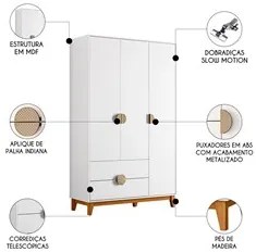 Guarda Roupa Solteiro 3 Portas 2 Gavetas 120cm Ipê Branco - Albatroz