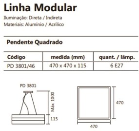 Pendente Modular Quadrado 47X47Cm 06Xe27 Metal E Acrílico | Usina 3801... (DR-M Dourado Metálico)