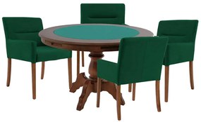 Mesa de Jogos Carteado Redonda Montreal Tampo Reversível Imbuia com 4 Cadeiras Vicenza Verde G36 G15 - Gran Belo