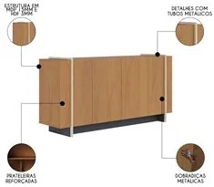 Balcão Aparador Buffet 4 Portas 160cm Barcelona C05 Freijó/Dourado - M