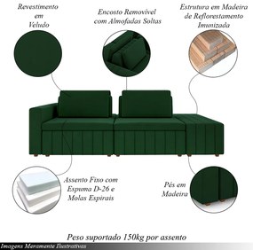 Sofá Ilha com Encosto e Almofadas Móveis Olimpo 245cm Modulado Veludo Verde G45 - Gran Belo