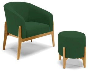 Poltrona com Puff Base de Madeira Stella Veludo Verde D03 - D'Rossi