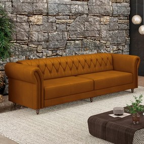 Sofá Living Sala de Estar Stanford Chesterfield 3 Lugares 240cm Pés de Madeira Couro Mel G58 - Gran Belo