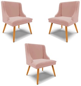 Kit 3 Cadeiras Decorativas Sala de Jantar Pés Palito de Madeira Firenze Veludo Rosê/Natural G19 - Gran Belo