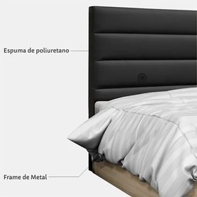 Cabeceira Cama Box Casal 140cm Greta Corano Preto e 2 Criados Amêndoa - Mpozenato