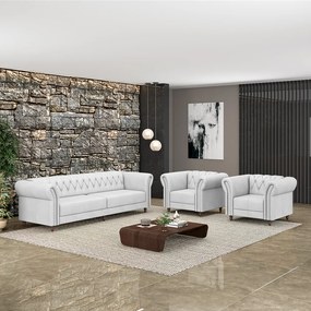 Conjunto Sala de Estar 1 Sofá Living 260cm e 2 Poltronas Stanford Chesterfield Pés Madeira Couro Branco G58 - Gran Belo