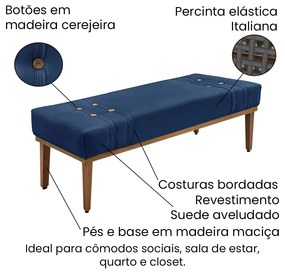 Divã Recamier Banco Base Madeira para Quarto Gênova 160cm Suede S04 - D'Rossi - Azul Marinho