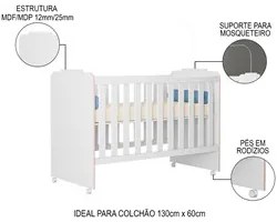 Quarto de Bebê Cômoda e Conjugado Belle com Berço Amour P14 Branco/Ros