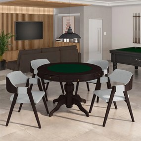 Conjunto Mesa de Jogos Carteado Bellagio Tampo Reversível Verde e 4 Cadeiras Madeira Poker Base Estrela Linho Cinza/Tabaco G42 - Gran Belo