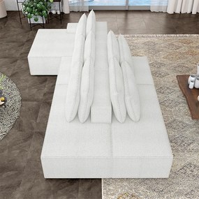 Sofá Ilha com Encosto e Almofadas Delta 355cm Modulado Chaise e Puffs Bouclê Off white G52 - Gran Belo