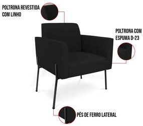 Poltrona Pé de Ferro Preto Kit 2 Decorativa Marisa Linho Preto D03 - D'Rossi