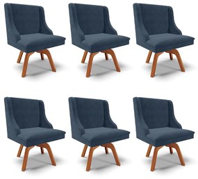 Kit 6 Cadeiras Decorativas Sala de Jantar Base Giratória de Madeira Firenze Suede Azul Marinho/Natural G19 - Gran Belo