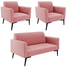 Sofá Namoradeira com 2 Poltronas Pés Villach Marisa Suede D03 - D'Rossi - Rose