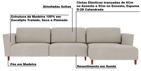 Sofá 290cm com Chaise Direita Franz Suede Bege - Gran Belo