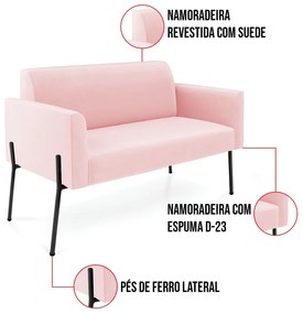 Sofá Namoradeira e 2 Poltronas Pé de Ferro Preto Marisa Suede Rosa Bebê D03 - D'Rossi