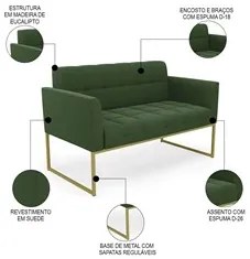 Sofá Namoradeira e 2 Poltronas Base Industrial Dourado Ana Suede Verde