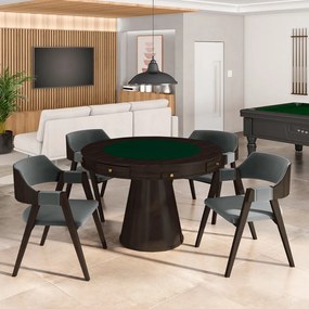 Conjunto Mesa de Jogos Carteado Bellagio Tampo Reversível e 4 Cadeiras Madeira Poker Base Cone Veludo Cinza/Capuccino G42 - Gran Belo
