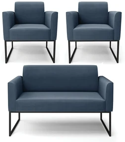 Sofá Namoradeira com 2 Poltronas Base Industrial Preto Marisa Suede Azul Marinho D03 - D'Rossi