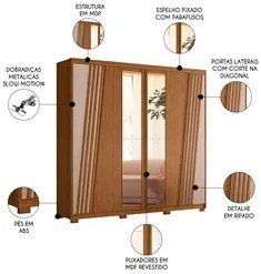 Guarda Roupa Casal 6 Portas Com Espelho 240cm Ouro Verde Jatobá/Fendi