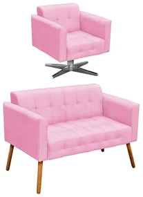 Kit 01 Namoradeira e 01 Poltrona GiratĂłria Elisa Suede Base Estrela Cromada D'Rossi - Rosa BebĂŞ
