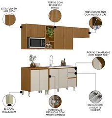 Cozinha Modulada 5 Peças Balcão Para Pia CP2 Pietá L06 Nature/Off Whit