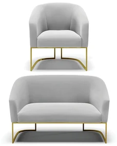 Namoradeira e Poltrona Base Industrial Dourado Stella Suede D03 - D'Rossi - Cinza
