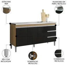 Balcão de Cozinha Com Pia Inox 160cm 3 Gavetas Andréia Amêndoa/Preto -