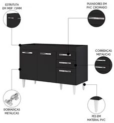 Balcão Gabinete Para Pia 120cm 3 Portas sem Tampo Suécia Preto - Lumil